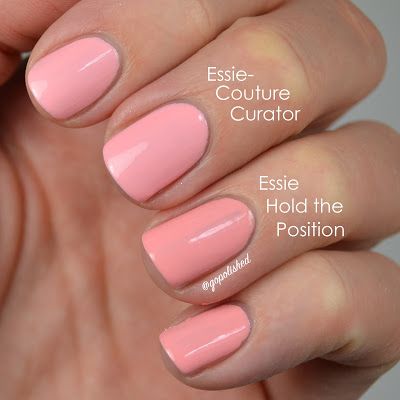 essie couture curator vs essie hold the position Essie Couture Curator, 1d Nails, Essie Couture, Opi Hello Kitty Collection, Cool Toned Pink, Hello Kitty Opi, Essie Polish, Essie Gel Couture, Green Polish