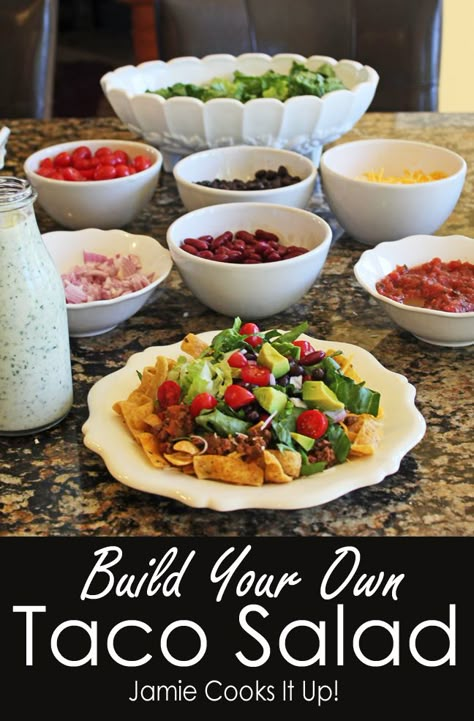 Build Your Own Taco, Taco Salad Bar, Taco Salad Recipe Healthy, Bunco Food, Salad Buffet, Healthy Tacos Salad, Salads For A Crowd, Taco Salads, Taco Salad Recipes