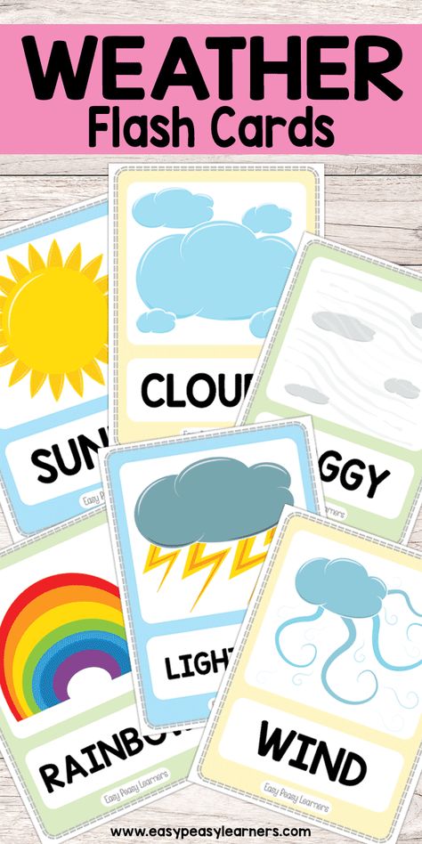 Free Printable Weather Flash Cards Weather Signs For Preschool, Sky Activities, Weather Esl, Weather Book, Weather Activities Preschool, Weather Activities For Kids, Teaching Weather, Weather Lessons, Weather Worksheets