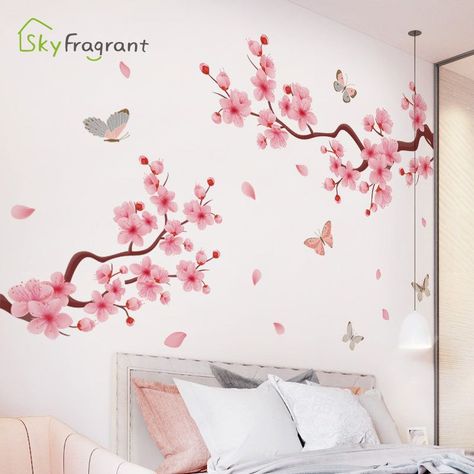 none Wall Paint Designs Creative, Pink Wall Stickers, Cherry Blossom Bedroom, Tree Wall Painting, Pink Bedroom Design, Painting Textured Walls, Wal Art, Sticker Flower, Flower Bedroom