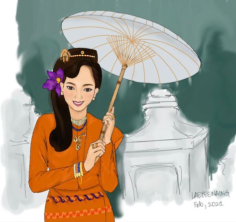 Myanmar Illustration Art, Pathein Umbrella, Myanmar Illustration, Myanmar Culture, Myanmar Costume, Vintage Myanmar, Girl Post, Jungkook Predebut, Myanmar Girl