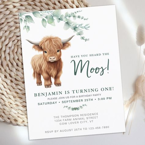 Highland Cow BohoGreenery Farm Animal 1st Birthday Invitation Postcard Highland Cow 1st Birthday, Farm Animal 1st Birthday, Highland Cow Party, Simple Birthday Invitations, Cow Print Balloons, Cow 1st Birthday, Highland Cow Birthday, Cute Birthday Invitations, Calling All Party Animals