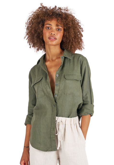 Camixa Lete Relaxed Linen Shirt in Army Green Linen Shirt Outfit, Green Linen Shirt, Linen Shirt Dress, Military Green, Linen Shirt, Shirt Outfit, Army Green, Shirt Dress, Outfit Inspo