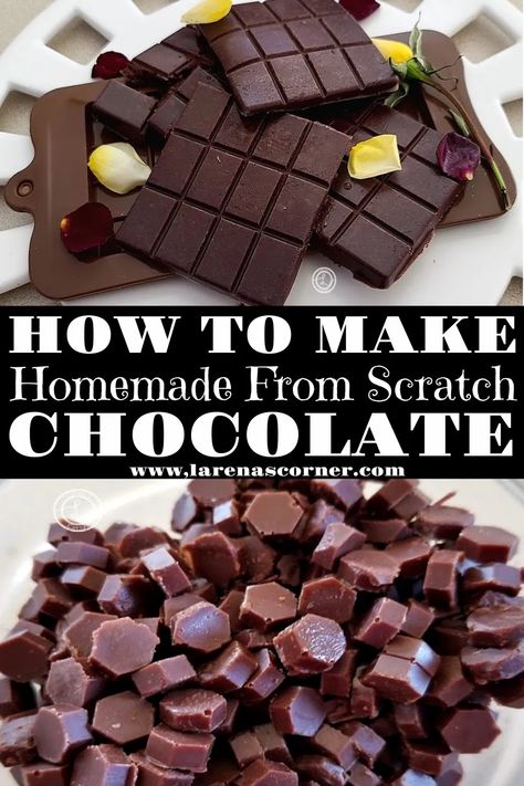 How to make chocolate from scratch with pictures of bars and chips. Make Your Own Chocolate Chips, Unsweetened Chocolate Bar Recipes, How To Make Chocolate From Scratch, Make Your Own Chocolate Bar, Home Made Chocolate Recipe, How To Make Chocolate Chips, Chocolate Bar Recipes Homemade, Diy Chocolate Chips, Chocolate Bar Recipes