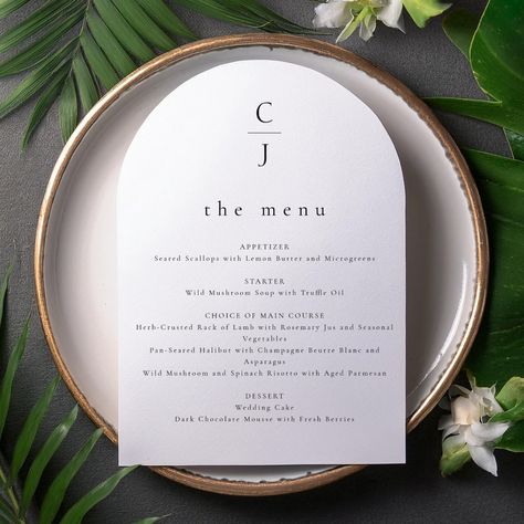 Wedding Monogram Modern Black White Arch Menu Card Arch Menu Card, Buffet Menu Wedding, White Layout, White Arch, Table Setting Wedding, Elegant Modern Wedding, Menu Wedding, Catering Business, Wedding Menu Cards