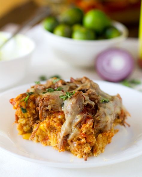 This is a re-make of my most popular recipe, the Chicken Tamale Pie, made with Carnitas instead! Total comfort dinner food! #chicken #tamalepie #dinner #recipe #yummy | pinchofyum.com Leftover Carnitas, Chicken Tamale Pie, Chicken Tamale, Chicken Tamales, Pork Tamales, Leftover Chili, Pinch Of Yum, Salsa Guacamole, Comfort Dinner