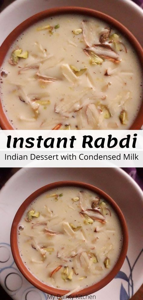 Instant Rabdi Recipe, Milk Sweets Indian, Desserts Using Condensed Milk, Instant Sweet Recipes Indian, Milkmaid Recipes Desserts, Kheer Recipe With Condensed Milk, Milkmaid Recipes, Instant Dessert Recipes, Dessert Recipes Indian