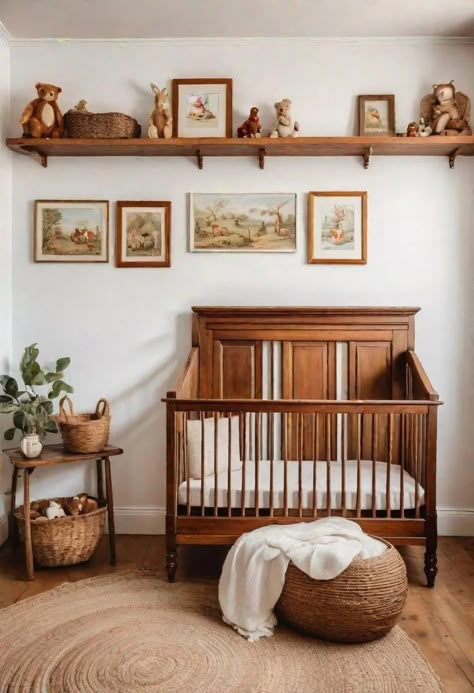 Natural Color Nursery, Nursery Victorian House, Nursery Ideas With Dark Furniture, Nursery With Natural Wood Furniture, Wooden Nursery Furniture, Vintage Story Book Nursery, Dark Academia Nursery Ideas, Nursery Ideas Earthy, Vintage Beatrix Potter Nursery