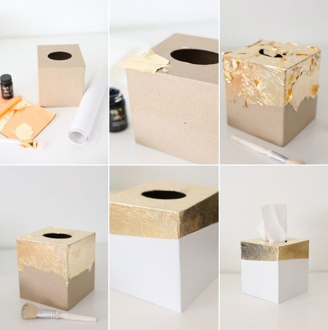 DIY Gold Leaf Tissue Box Holder | lovelyindeed.com Wrapping Gifts Ideas Creative, Wrapping Gifts Ideas, Diy Gold Leaf, Professional Gift Ideas, Tissue Box Crafts, Creative Wrapping, Elegant Gift Wrapping, Home Decor Boxes, Creative Tutorials