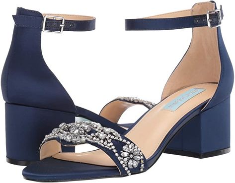 Textile Imported Synthetic sole Heel measures approximately 2.25 inches" Platform measures approximately .25 inches inches Block heel sandal Embellished toe strap Blue By Betsey Johnson Navy Wedding Shoes, Navy Blue Heels, Blue By Betsey Johnson, Perfect Wedding Shoes, Shoe Ideas, Beautiful Heels, Betsey Johnson Shoes, Blue Heels, Heeled Sandal