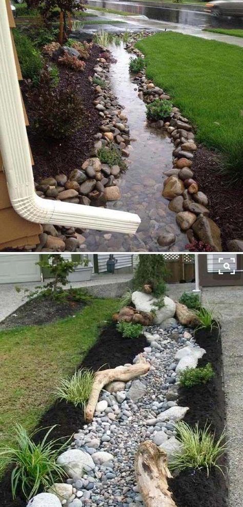 Downspout Landscaping, River Bed, Diy Backyard Landscaping, Dry Creek, Landscape Plans, Home Landscaping, Yard Design, Landscaping Tips, House Landscape