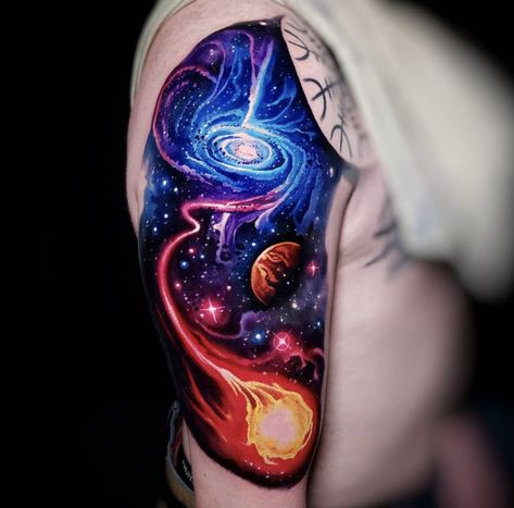 Supernova Tattoo, Cool Space Tattoos, Space Tattoo Ideas, Galaxy Tattoo Sleeve, Black Hole Tattoo, Space Tattoo Sleeve, Cover Up Tattoos For Men, Astronomy Tattoo, Cosmic Tattoo