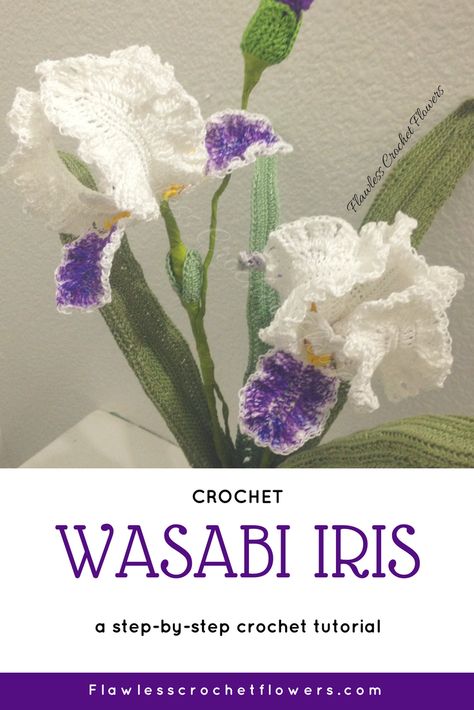 Crochet Iris Pattern  Meet this gorgeous beauty Iris Wabash. I’ve really enjoyed creating this Iris on Iris day. I’m very pleased with the outcome. This Iris is one of the most beautiful Irises I’ve come across, and actually fell in love with…. I just had to create it!By the way…it works up pretty quick ;) Crochet Iris, Crochet Plants, Iris Pattern, Crochet Flowers Easy, Crochet Flowers Free Pattern, Quick Crochet Patterns, Crochet Bouquet, Crocheted Flowers, Crochet Plant