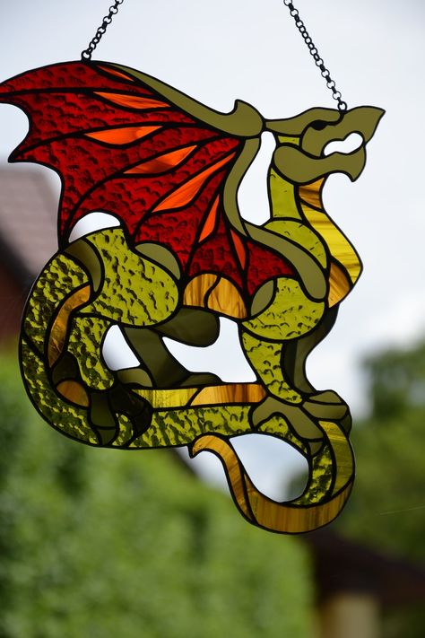 Geeky Decor, Glass Stencil, Glass Dragon, Hanging Stained Glass, Winged Dragon, Stained Glass Sun, Dragon Glass, Glass Mosaic Art, Stained Glass Decor