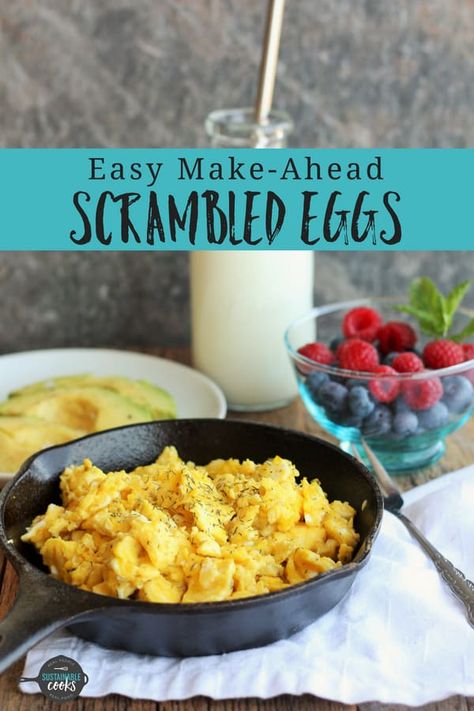 The perfect simple breakfast recipe for busy mornings, Easy Make Ahead Scrambled Eggs are great for one or for a crowd. Learn the secrets on how to make this clean eating breakfast staple without milk; perfect for Whole30 or paleo lifestyles. #sustainablecooks #scrambled eggs #makeahead #whole30 #keto #paleo #lowcarb Paleo Scrambled Eggs, Scrambled Egg Meal Prep, Scrambled Eggs For A Crowd, Eggs For A Crowd, Breakfast Eggs Scrambled, Eggs Scrambled, Whole30 Meal Prep, Scrambled Eggs Recipe, Breakfast For A Crowd