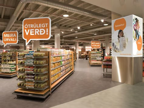 Wayfinding Grocery Design Interior, Supermarket Design Interior, Grocery Ads, Supermarket Display, Gondola Shelving, Store Signage, Retail Signage, Shop Signage, Supermarket Design