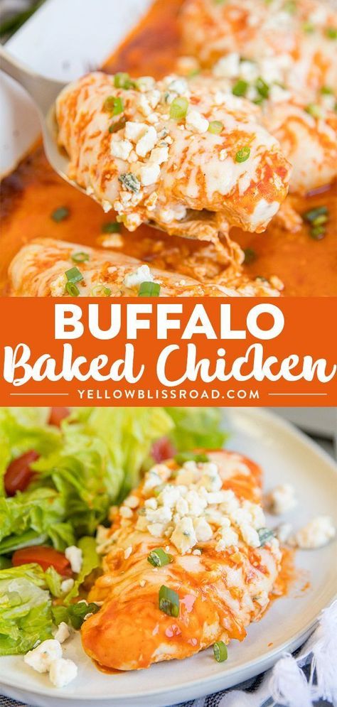 Baked Buffalo Chicken Breasts are tender and juicy, smothered in spicy buffalo sauce and melted cheese. It's a simple, 3-ingredient baked chicken recipe. #chickenrecipes #dinner #buffalochicken via @yellowblissroad Baked Buffalo Chicken Breast, Spicy Buffalo Sauce, Buffalo Chicken Breast, Chicken Lombardy Recipes, Yellow Bliss Road, Baked Chicken Recipe, Buffalo Chicken Recipes, Baked Buffalo Chicken, Chicken Baked