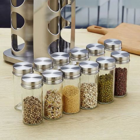 12Pc Kitchen Spice Jars Storage Rotatable Base Stainless Steel Jar Glass Spice Jar Salt Shaker and Pepper Sprays Organizer Set Spice Jar Storage, Spice Jar Set, Glass Spice Jars, Jar Storage, Kitchen Spices, Spice Jar, Salt Shaker, Spice Jars, Salt