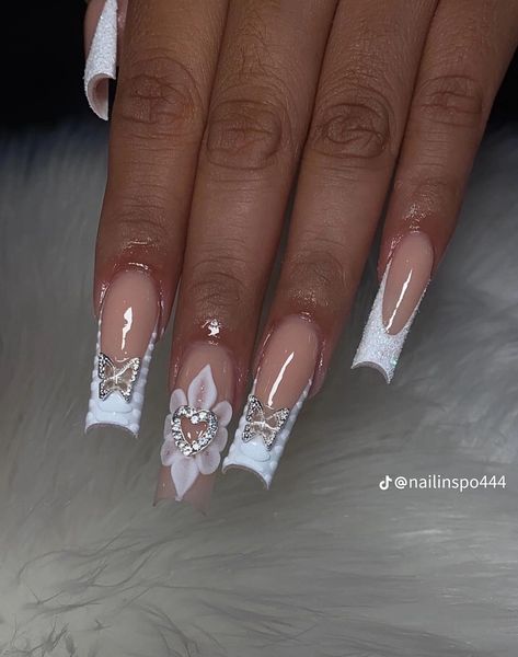 Medium Length French Tip Nails, French Tip Nails With Charms, Nails With Charms, Charm Nails, Forever Rose, Tip Nails, Croc Print, 3d Flowers, French Tip Nails