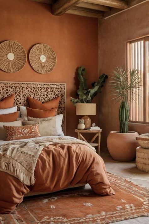 Warm Earthy Bedroom, Cabin Room Ideas, Burnt Orange Rooms, Egypt House, Burnt Orange Bedroom, Olive Bedroom, Terracotta Bedroom, Africa House, Bedroom Vibes