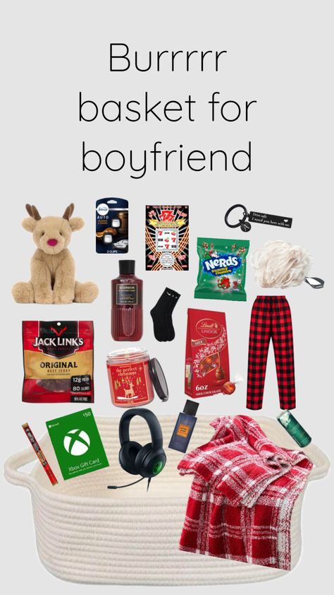 Bur basket for boyfriend #burrbasket #boyfriendbasket #giftbasket #christmas #christmasgifts #boyfriendgiftideas #art #vibes #beauty #boyfriend Christmas Basket Gift Ideas Boyfriend, Christmas Gift Bf, Boyfriend Easter Basket, Bf Presents, Basket For Boyfriend, Winter Gift Basket, Christmas Basket Ideas, Bf Gift Ideas, Gifts For Bf