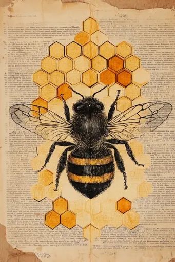 ↑↑↑ Larger size on website 🔸 A vintage illustration of a bee with wings spread out. The bee is sitting on a honeycomb with a back Bee Anatomy Illustration, Flower Family Tattoos, Honeycomb Sketch, Bee Hive Illustration, Bumblebee Aesthetic, Honey Painting, Drawing Of A Bee, Bee Pictures Art, Bees Illustration