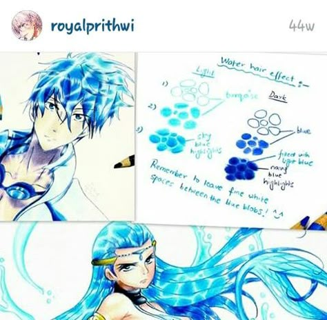 Copic Hair Tutorial, How To Draw Hair In Water, Anime Water Drawing, Water Hair Anime, Ohuhu Markers Tutorial, How To Color Water, Hair In Water Drawing, Floating Hair Drawing Reference, Water Hair Drawing