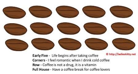 How To Play Give one coffee tambola ticket to every player. Caller needs to announce one coffee flavor name at a time and strike it out on the list. If that name called by caller exists on the player’s ticket, player has to strike it. For early five – players have to say ‘Life begins after taking coffee’ For corners – players have to say ‘I feel romantic when I drink cold coffee’. For  all the  rows – players have to say ‘Coffee is not a drug, it is a vitamin’. For full house – players have to Tambola Tickets Printables, Tambola Games Kitty Ideas, Birthday Tambola Tickets, Lohri Theme Tambola Tickets, Monsoon Theme Tambola Tickets, Tambola Game, Coffee Party, Coffee Theme, Kitty Games