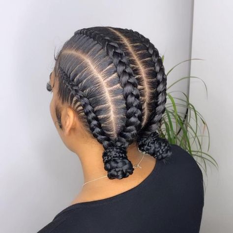 Four Feed-In Braids and Two Buns Four Braids Cornrow With Two Buns, Four Braids Into Two, Four Feed In Braids Cornrows, Four Braids Into Two Buns, Cornrows With Two Buns In The Back, Dutch Feed In Braids, Cornrows Into Two Low Buns, 4 Braids Into 2 Buns, Stitch Braids Into Two Buns