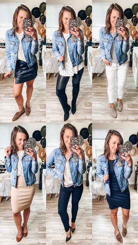 Women’s Outfits With Jean Jackets, Dressy Denim Jacket Outfit, Dressing Up A Jean Jacket, Outfits With Light Jean Jacket, Dark Jeans With Light Jean Jacket Outfit, Jean Jacket Outfits Concert, How To Wear A Jean Jacket Outfits, Fall Outfits With Jean Jacket, Light Blue Jean Jacket Outfit