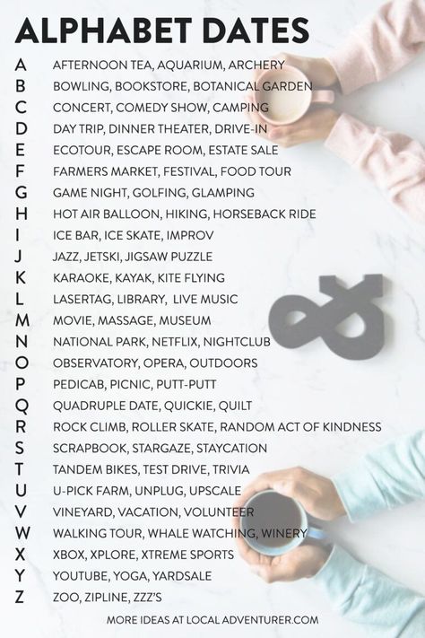 Alphabet Dating, Creative Date Night Ideas, Date Night Jar, Romantic Date Night Ideas, Creative Dates, Couple Activities, Dating Ideas, Cute Date Ideas, Cute Date