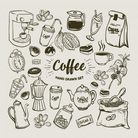 More than a million free vectors, PSD, photos and free icons. Exclusive freebies and all graphic resources that you need for your projects Bujo Illustration, Coffee Elements, Coffee Doodle, Coffee Icon, Coffee Tattoos, Coffee Vector, Coffee Drawing, Posca Art, Coffee Illustration