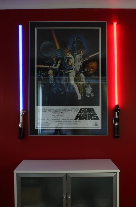 I could do this to one of our walls in about 30 seconds. The only thing I'd have trouble finding is the hammer. Shadow Box Diy, Star Wars Office, Star Wars Man Cave, Game Room Lighting, Star Wars Bedroom, Nerd Room, Nerd Cave, Star Wars Room, Star Wars Decor