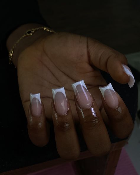 French tips would forever be the pinnacle of the class and the clean girl aesthetic 😌 Drop a 🤍 if you agree #nailsnailsnails#nailart#frenchtipnails#explorepage Deep White French Nails, Black French Tip Black Women, French Tip Black Women, White Square French Tip Nails, White On White French Tip Nails, Long White French Tip Nails, French Tips Aesthetic, 2000s French Tip Nails, Long White French Tip