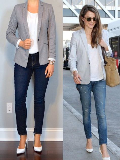 White Pumps Outfit, Grey Blazer Outfit, Pumps Outfit, Jersey Blazer, Office Casual Outfit, Clothing Blogs, Gray Blazer, Blazer White, White Pumps