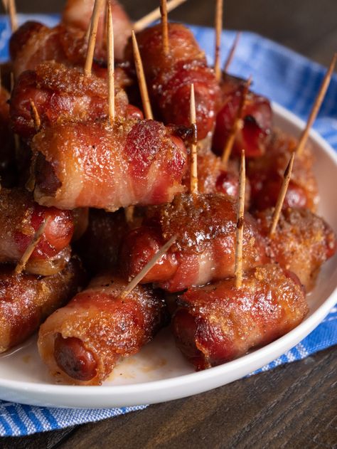 Brown Sugar Bacon Little Smokies | 12 Tomatoes Bacon Wrapped Sausage With Cream Cheese, Meat Orderves, Mini Smoked Sausage Recipes, Bacon Wrapped Little Smokies Brown Sugar, Smokies In Crockpot, All Recipes.com, Little Smokies Wrapped In Bacon, Party Foods Easy, 2024 Appetizers