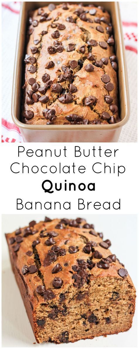 This Peanut Butter Chocolate Chip Quinoa Banana Bread is packed with peanut butter flavor and studded with chocolate chips. No butter, oil, dairy and made with nutritious gluten free quinoa & oat flour! Cake Mug, Ambitious Kitchen, Clean Eating Recipes For Dinner, Clean Eating Breakfast, Tasty Foods, Peanut Butter Chocolate Chip, Peanut Butter Chocolate, Butter Chocolate, Oat Flour