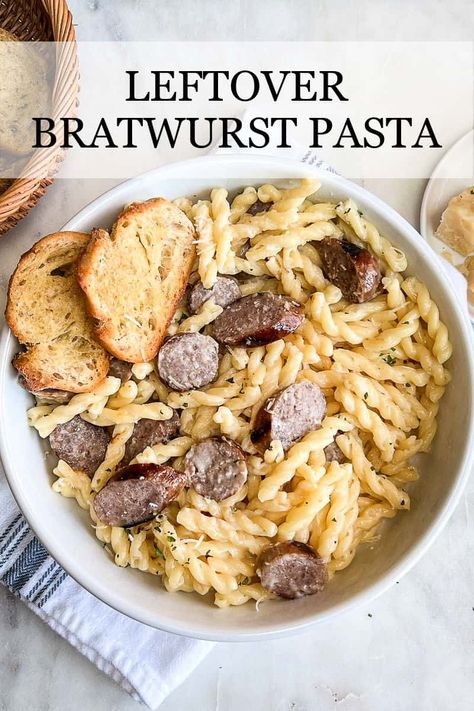 Leftover Bratwurst Pasta - A deliciously creamy and savory weeknight dinner that can be on the table in under 30 minutes. So good! Bratwurst Alfredo Pasta, Left Over Brats Casserole, Pasta And Bratwurst, Bratwurst Tortellini, Recipes Using Beer Brats, Turkey Bratwurst Recipes, Recipes With Leftover Brats, Recipes For Bratwurst Meals, Brat Meals Dinners