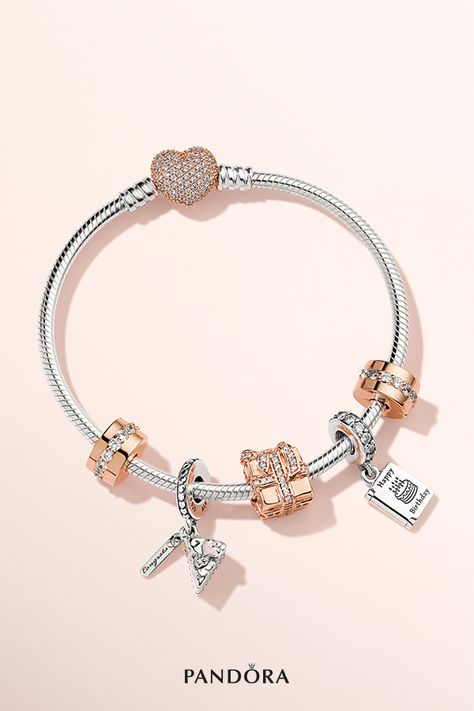 Make birthdays even more charming with cute Pandora charms that celebrate the big day. A slice of cake, a bow-wrapped gift and a card charm are just some of the ways to wish someone special a very happy birthday. Each hand-finished jewel is expertly crafted from sterling silver or Pandora Rose. Find the perfect gift for her with Pandora! Pandora Bracelet Simple, A Slice Of Cake, Pandora Bracelet Designs, Pandora Rose Gold, Slice Of Cake, Dream Bracelet, Pandora Jewelry Charms, Pandora Rose, Special A