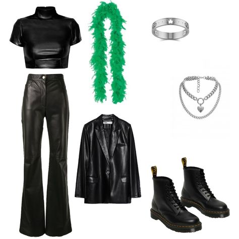 Green boa, black leather pants, black leather top, black leather jacket, doc martens, silver ring, silver stacked necklace Harry Styles Girl Outfits, Harry Styles Grammy Outfit, Harry Styles Inspo Outfits, Iconic Harry Styles Outfits, Harry Inspired Outfits, Harry Styles Outfits Concert, Harry Styles Inspired Outfit, Harry Styles Outfit Ideas, Harry Styles Outfits Inspiration