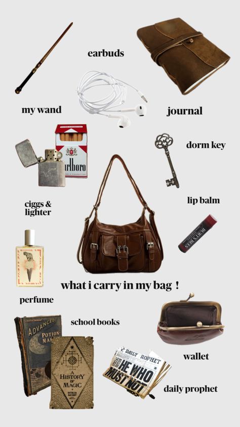 Hogwarts Bag, Shifting Hogwarts, The Hogwarts Express, Everyday Bag Essentials, Messanger Bag, School Bag Essentials, Hippie Aesthetic, Inside My Bag, Silly Girls