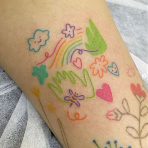 Fun Colorful Tattoos, Coloured Ink Tattoo, Fun Girly Tattoos, Colorful Aesthetic Tattoos, Colorful Doodle Tattoo, Carrot Tattoo Tiny, Color Outline Tattoo, Colour Line Tattoo, Colorful Flash Tattoo