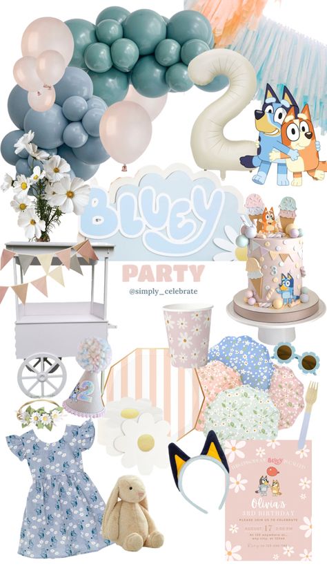 Bluey party, Bluey Daisy party vision board Muted Bluey Party, Bluey 2nd Birthday Party Decorations, Bluey Birthday Party Ideas Pastel, Bluey Themed 1st Birthday Party, Cute Bluey Birthday Party, Bluey Daisy Party, Bluey Themed Birthday Party Girl, Bluey Birthday 2, Aesthetic Bluey Birthday