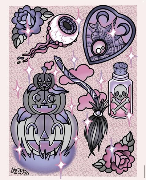 Kawaii Halloween Tattoo, Goth Tattoo Ideas Creepy Cute, Goth Tattoo Flash Sheet, Halloween Flash Sheet, Creepy Kawaii Tattoo Ideas, Cute Spooky Art, Spooky Kawaii Tattoo, Lil Spooky, Kawaii Spooky Art