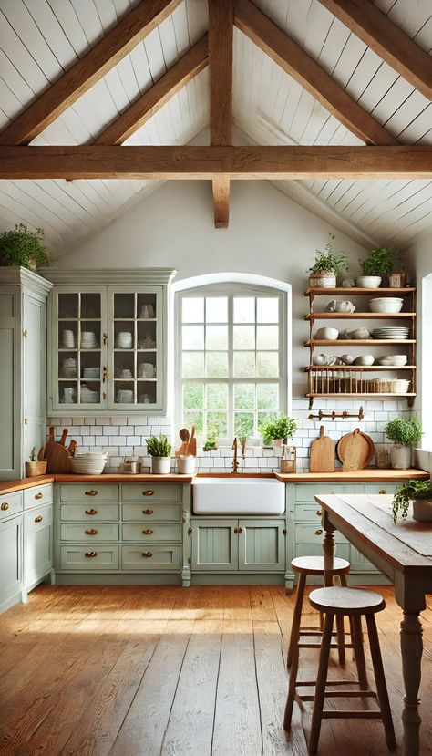 Cozy and bright farmhouse-style kitchen featuring soft green cabinetry, wooden countertops, and large windows that let in plenty of natural light. The rustic wooden shelves, potted plants, and white tile backsplash add a charming, country-inspired touch. This inviting kitchen blends modern and traditional elements for a warm, welcoming feel. Perfect for anyone looking for a cozy yet stylish space to cook and gather. #FarmhouseKitchen #CozyKitchen #RusticCharm #ModernFarmhouse #GreenCabinets Warm Cozy Kitchen, Green Farmhouse Kitchen, Large Country Kitchen, Green Country Kitchen, Farmhouse Style Interior, Country Home Kitchen, Cozy Farmhouse Kitchen, Bright Farmhouse, Earthy Kitchen