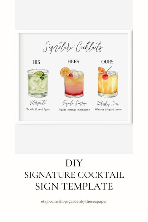 Easy to use digital template with handpainted watercolor cocktails - perfect for a wedding with his and her cocktails or any event! His And Her Cocktails, Engagement Party Drink, Cocktail Engagement Party, Loft Wedding Ceremony, Watercolor Cocktails, Signature Cocktail Menu, Wedding Drink Sign, Night Before Wedding, Bar Menu Template