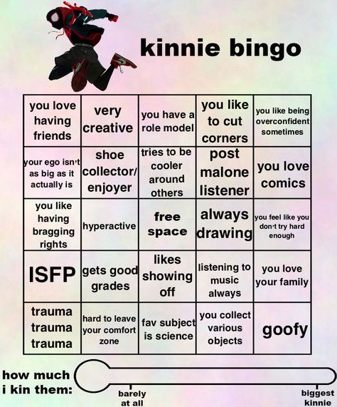 i was running out of things to put help Marvel Bingo, Miles Morales Kinnie Bingo, Kinnie Bingo, Bingo Template, Space Drawings, God Help Me, Bingo Board, Personality Test, Try Harder