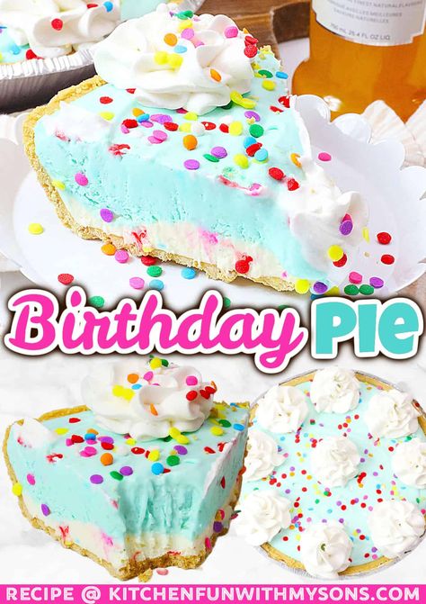 This Birthday Pie captures all the fun of a Funfetti cake in a cool, creamy dessert. Featuring a rich cream no bake cheesecake layer and a luscious whipped topping infused with vanilla pudding, this pie is the perfect festive addition to your next birthday celebration. Birthday Pie Ideas, Birthday Cake Pie Recipe, Unicorn Pie, Pie With Vanilla Pudding, Cheesecake Funfetti, Birthday Cake Pie, Pie Recipes Easy, Rainbow Pie, Birthday Cake Shots