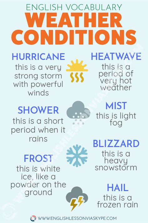 How to talk about weather in English. Weather vocabulary. Intermediate level English. #learnenglish #englishlessons #ingles #english #vocabulary #englishteacher Kids Weather Activities, Weather Activities For Preschoolers, Weather Activities For Toddlers, Weather Chart For Kids, Weather Science Experiments, Weather In English, Weather Experiments, Common English Idioms, Weather Activities For Kids