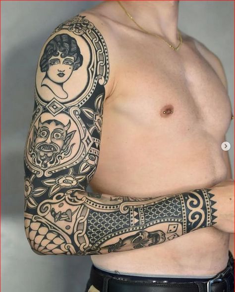 Traditional Tattoo Black And Grey, Traditional Tattoo Filler, American Traditional Sleeve, Circus Tattoo, Traditional Black Tattoo, Framed Tattoo, Torso Tattoos, Palm Tattoos, Traditional Tattoo Sleeve